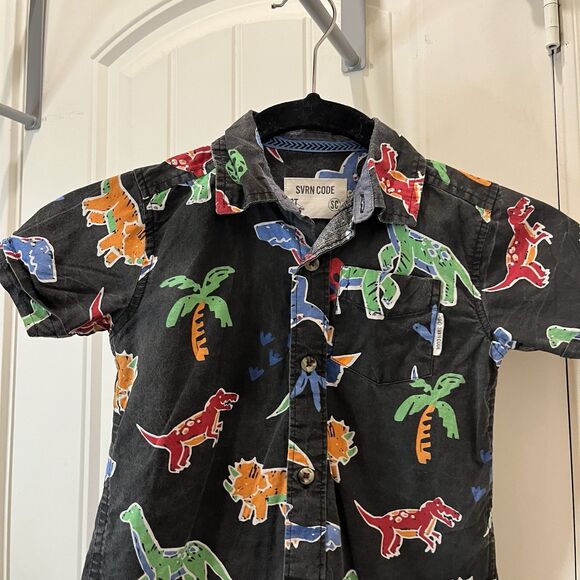 SVRN Sovereign Code Black Mulitcolor Dino Dinosaurs Print Button Up Shirt Sz 3T - Picture 3 of 8